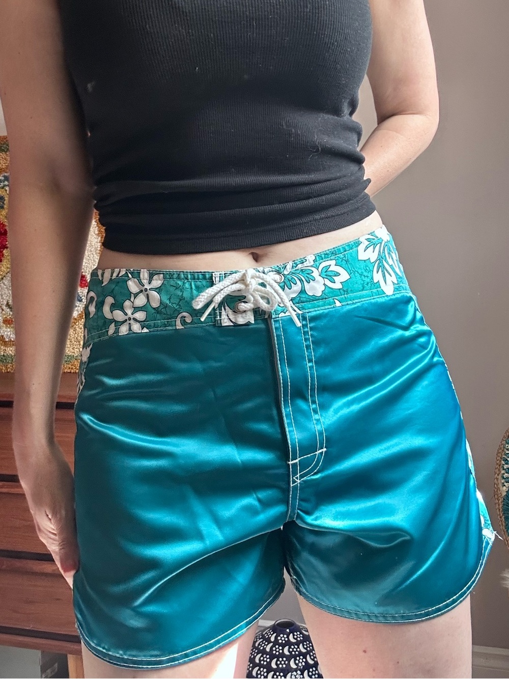 Vintage Hawaiian Women’s Teal Drawstring Board Shorts Medium